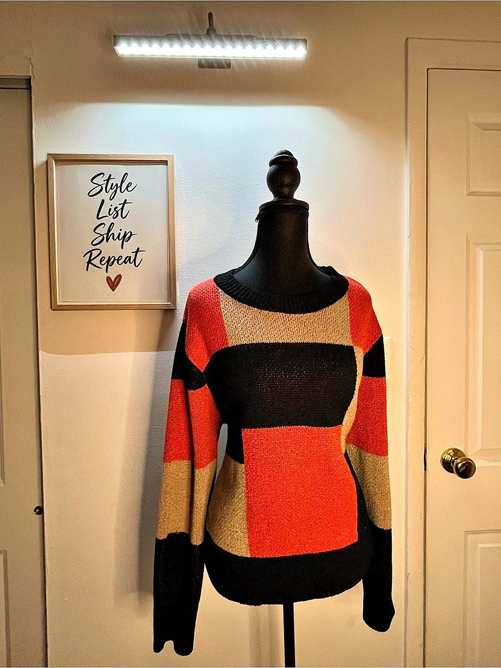 SHEIN Women’s XL Colorblock Knit Sweater Black Orange Tan Long Sleeve